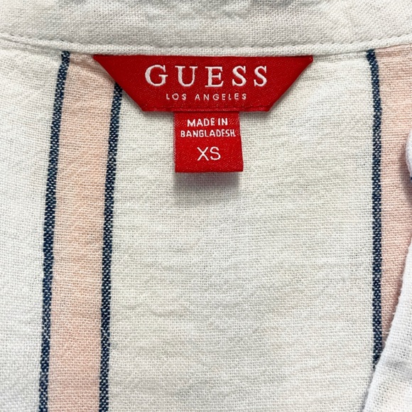 GUESS Women’s Striped Linen Button Down Shirt XS White Pink Roll Tab V-Neck - Picture 4 of 7